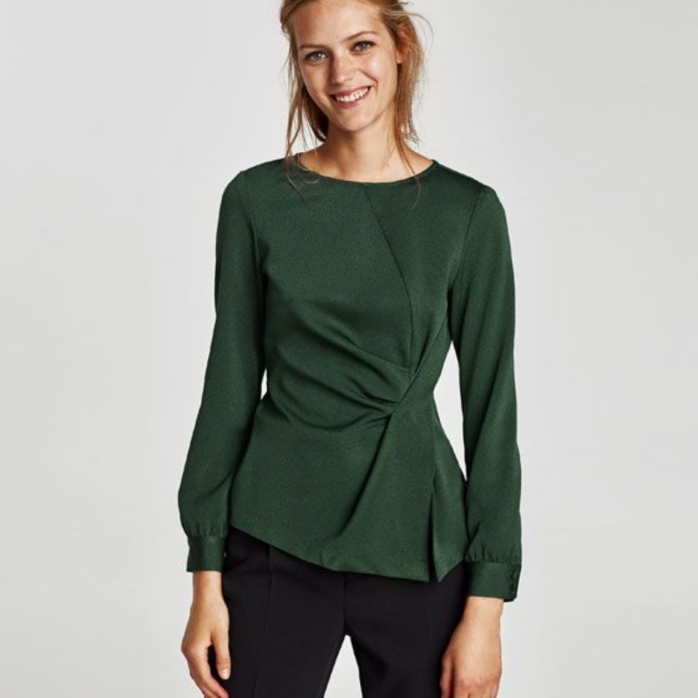 Zara Long Sleeve Draped Top Blouse